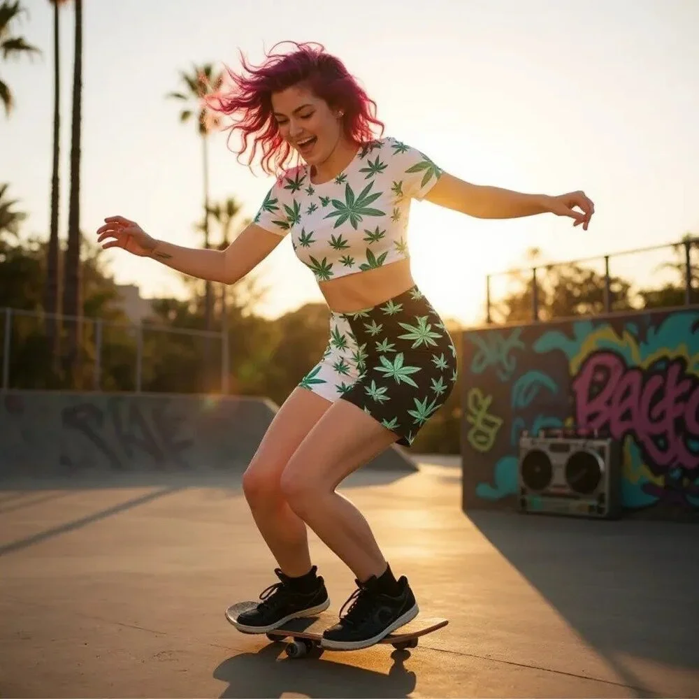 Treasure The Funk ✦ Cannabis Leaf Cycling Shorts ✦ High‑Waist Black White Active - Picture 2 of 5
